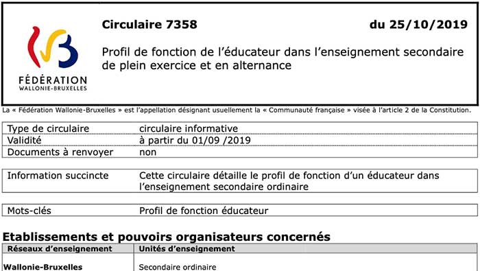 Circulaire 7358 : Profil de fonction de l’éducateur